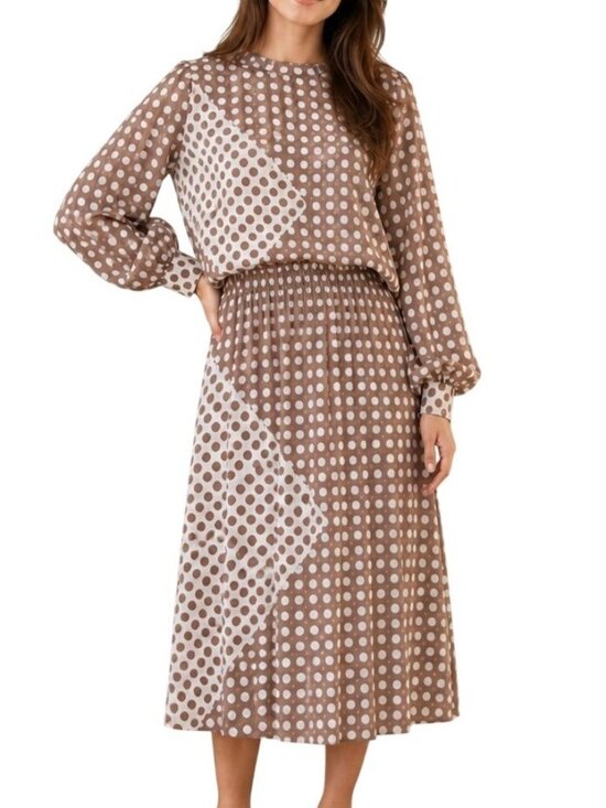 Hal Ferman Dresses & Skirts - Vintage Hal Ferman Polka Dot Set Top Blouse Midi Skirt 8 Brown White Union Made